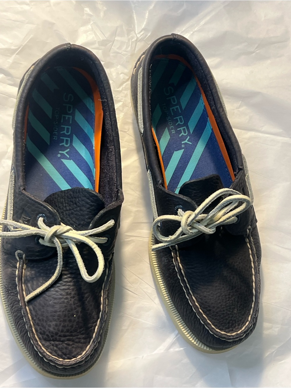 Sperry Men’s Dark Blue Leather Boat Shoes with White Laces